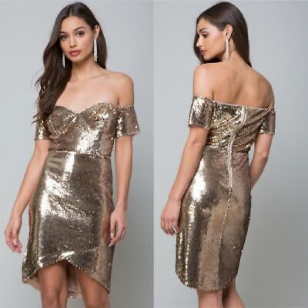 BEBE DREW GOLD SEQUIN OFF SHOULDER COCKTAIL DRESS NWT NEW NEVER WORN